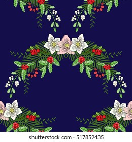 Seamless pattern with Christmas decoration. Hand drawn bouquet elements with poinsettia,  mistletoe and bow. Vector  Illustration