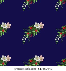 Seamless pattern with Christmas decoration. Hand drawn bouquet elements with poinsettia,  mistletoe and bow. Vector  Illustration