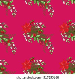 Seamless pattern with Christmas decoration. Hand drawn bouquet elements with poinsettia,  mistletoe and bow. Vector  Illustration