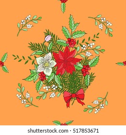 Seamless pattern with Christmas decoration. Hand drawn bouquet elements with poinsettia,  mistletoe and bow. Vector  Illustration