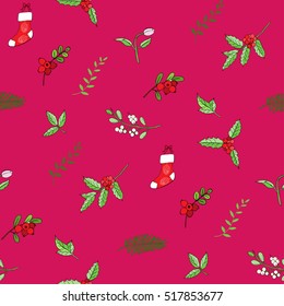 Seamless pattern with Christmas decoration. Hand drawn bouquet elements with poinsettia,  mistletoe and bow. Vector  Illustration