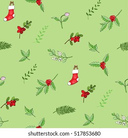 Seamless pattern with Christmas decoration. Hand drawn bouquet elements with poinsettia,  mistletoe and bow. Vector  Illustration
