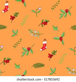 Seamless pattern with Christmas decoration. Hand drawn bouquet elements with poinsettia,  mistletoe and bow. Vector  Illustration