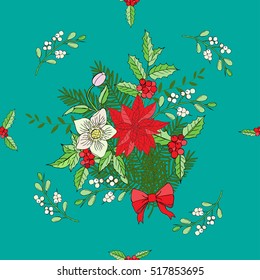 Seamless pattern with Christmas decoration. Hand drawn bouquet elements with poinsettia,  mistletoe and bow. Vector  Illustration