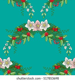 Seamless pattern with Christmas decoration. Hand drawn bouquet elements with poinsettia,  mistletoe and bow. Vector  Illustration