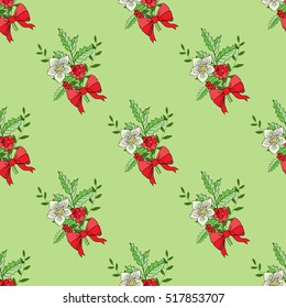 Seamless pattern with Christmas decoration. Hand drawn bouquet elements with poinsettia,  mistletoe and bow. Vector  Illustration
