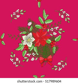 Seamless pattern with Christmas decoration. Hand drawn bouquet elements with poinsettia,  mistletoe and bow. Vector  Illustration