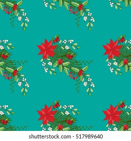 Seamless pattern with Christmas decoration. Hand drawn bouquet elements with poinsettia,  mistletoe and bow. Vector  Illustration