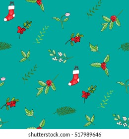 Seamless pattern with Christmas decoration. Hand drawn bouquet elements with poinsettia,  mistletoe and bow. Vector  Illustration