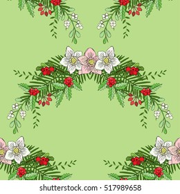 Seamless pattern with Christmas decoration. Hand drawn bouquet elements with poinsettia,  mistletoe and bow. Vector  Illustration