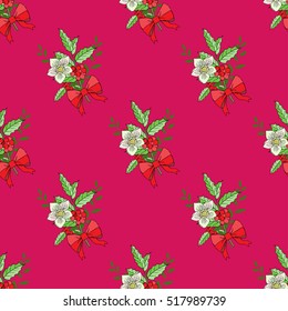 Seamless pattern with Christmas decoration. Hand drawn bouquet elements with poinsettia,  mistletoe and bow. Vector  Illustration