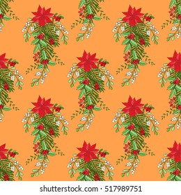 Seamless pattern with Christmas decoration. Hand drawn bouquet elements with poinsettia,  mistletoe and bow. Vector  Illustration