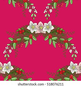 Seamless pattern with Christmas decoration. Hand drawn bouquet elements with poinsettia,  mistletoe and bow. Vector  Illustration
