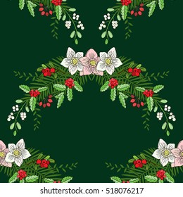 Seamless pattern with Christmas decoration. Hand drawn bouquet elements with poinsettia,  mistletoe and bow. Vector  Illustration