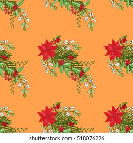 Seamless pattern with Christmas decoration. Hand drawn bouquet elements with poinsettia,  mistletoe and bow. Vector  Illustration
