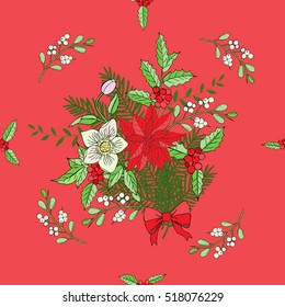Seamless pattern with Christmas decoration. Hand drawn bouquet elements with poinsettia,  mistletoe and bow. Vector  Illustration