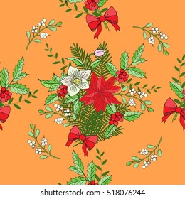 Seamless pattern with Christmas decoration. Hand drawn bouquet elements with poinsettia,  mistletoe and bow. Vector  Illustration