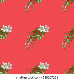 Seamless pattern with Christmas decoration. Hand drawn bouquet elements with poinsettia,  mistletoe and bow. Vector  Illustration