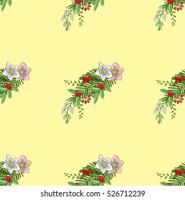 Seamless pattern with Christmas decoration. Hand drawn bouquet elements with poinsettia,  mistletoe and bow. Vector  Illustration