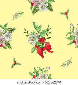 Nahtloses Muster mit Weihnachtsdekoration. Handgezeichnete Bouquetelemente mit Poinsettia, Misteloe und Bug. Vektorillustration-Illustration
