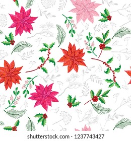 Seamless Pattern Christmas Decoration with  Poinsettia. Hand drawn sketches. Vector Illustration