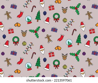 Seamless pattern christmas decoration santa gingerbread deer wreath sock cane hat snowman cute doodle design vector illustration