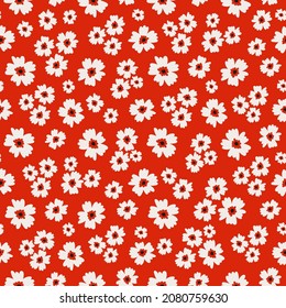 Nahtloses Muster mit Weihnachtsdekoration. Weiße Blumen auf rotem Hintergrund.