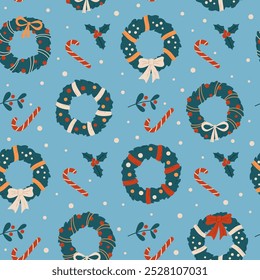 Seamless pattern of Christmas decorations. Background winter holiday elements, wreaths, candy canes, mistletoe branches, snowflakes. Hand drawn flat illustration for print, poster, wrapping paper.