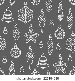 Seamless pattern with Christmas decorations - balls, snowflakes, bells, baubles, stars. Perfect for wallpapers, pattern fills, web page backgrounds, surface textures, textile 