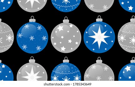 Seamless pattern Christmas decorations blue and gray balls white snowflakes stars vector illustration	