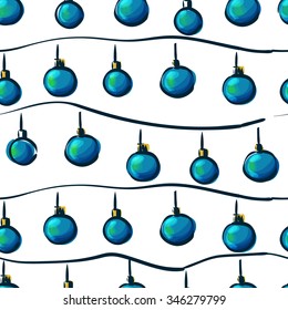 Seamless pattern with Christmas decorations blue Christmas balls on a string. Vector illustration.