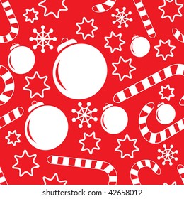 Seamless pattern with christmas decorations, candy canes, snowflakes and stars. Vector illustration for your design.