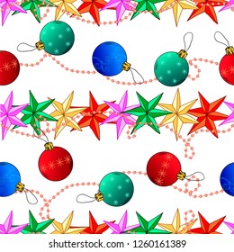 Seamless pattern, Christmas decorations, colorful garland, stars, balls, white background, hand drawn elements, vector illustration