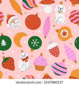 Seamless pattern with Christmas decorations of different shapes. Vector graphics.