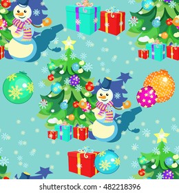 seamless pattern with Christmas decorations, gifts, snowman, snowflakes vector illustration