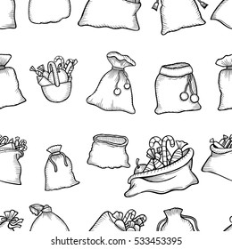 Seamless pattern Christmas decorations gifts bags with sweets. Print for the new year party. Monochrome Vector Wallpaper