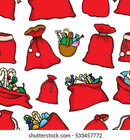 Seamless pattern Christmas decorations gifts bags with sweets. Print for the new year party. Vector Wallpaper