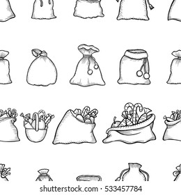Seamless pattern Christmas decorations gifts bags with sweets. Print for the new year party. Monochrome Vector Wallpaper