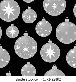 Seamless pattern Christmas decorations  gray balls white snowflakes on stars a black background vector illustration	