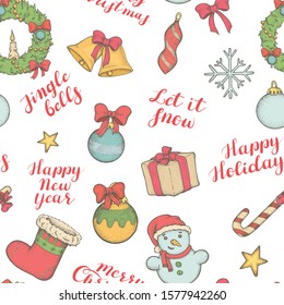 Seamless pattern with Christmas decorations and greetings