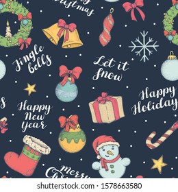 Seamless pattern with Christmas decorations and greetings