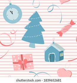 seamless pattern with Christmas decorations on pink striped background. vector color illustration.