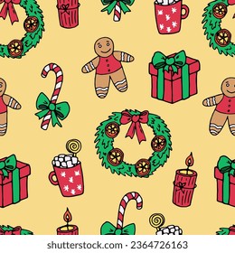 Seamless pattern of Christmas decorations on a beige background - gifts, wreath, sugar cane, hot chocolate in a mug, gingerbread man. Vector doodle illustration for packaging, web design