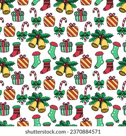 Patrón inmaculado de decoraciones navideñas en un fondo blanco - regalos, campanas, medias, caña de azúcar. Ilustración de doodle vectorial para el embalaje, diseño web