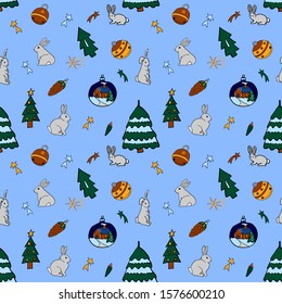 Seamless pattern with christmas decorations, rabbits and fireworks on a blue background. Christmas tree in the snow, a glass bowl with a picture. Background for wrapping paper, printing on fabric.