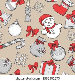 Seamless pattern with Christmas decorations, red and white