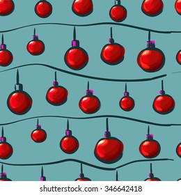 Seamless pattern with Christmas decorations red Christmas balls on a string. Vector illustration.