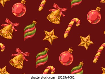 Seamless pattern with christmas decorations. Stylized hand drawn background in retro style.