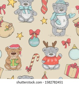 Seamless pattern with Christmas decorations and teddy bears