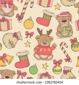 Seamless pattern with Christmas decorations and teddy bears